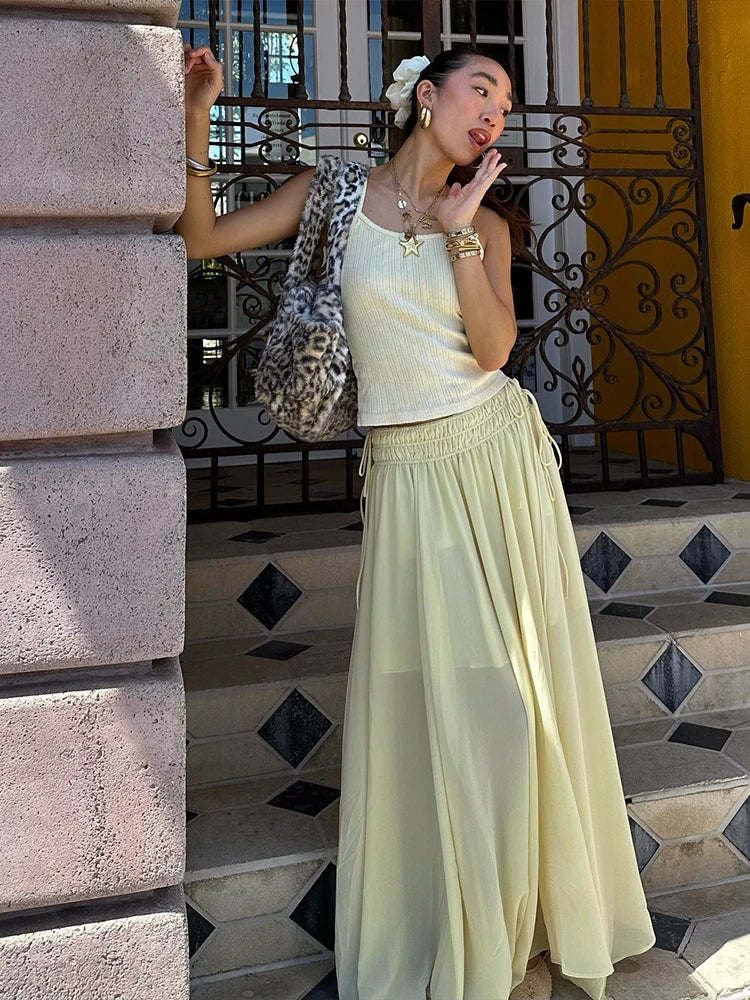 Aiertu  -  Puss Elegant 2-Piece Set Women o-Neck Solid Simple Classic Skinny Tank Tops+Lace-Up Folds Long Skirts Daily Matching Suit Aiertu