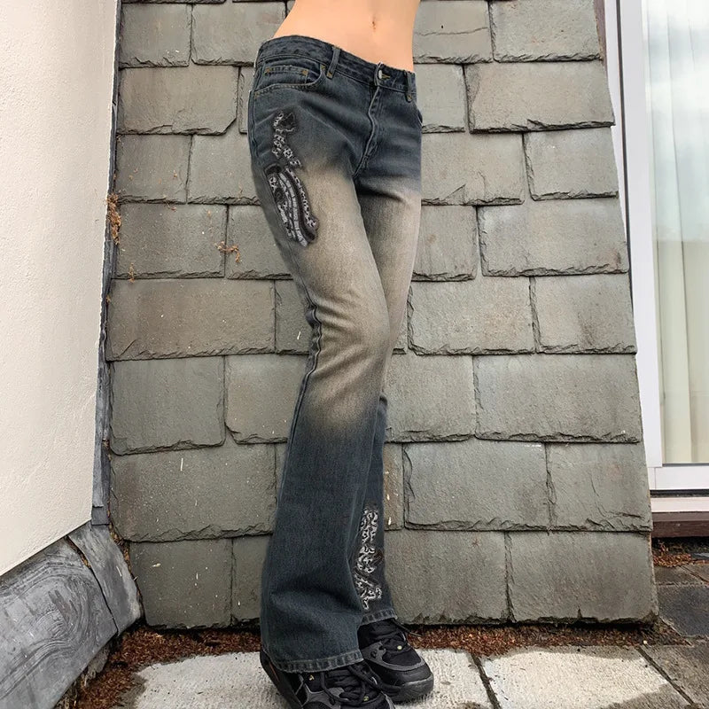 Aiertu  -  Y2K Low Waist Jeans For Women Vintage Embroidery Stretch Denim Pants Aesthetic Gothic Gray Package Hip Flare Trousers Aiertu