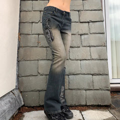 Aiertu  -  Y2K Low Waist Jeans For Women Vintage Embroidery Stretch Denim Pants Aesthetic Gothic Gray Package Hip Flare Trousers Aiertu