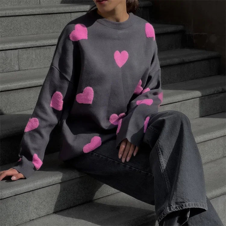 Aiertu  -  Love Heart Printed Knitted Sweater Pullover Tops Fashion O Neck Thickened Long-sleeved Sweaters Women Oversized Street Jumper Aiertu