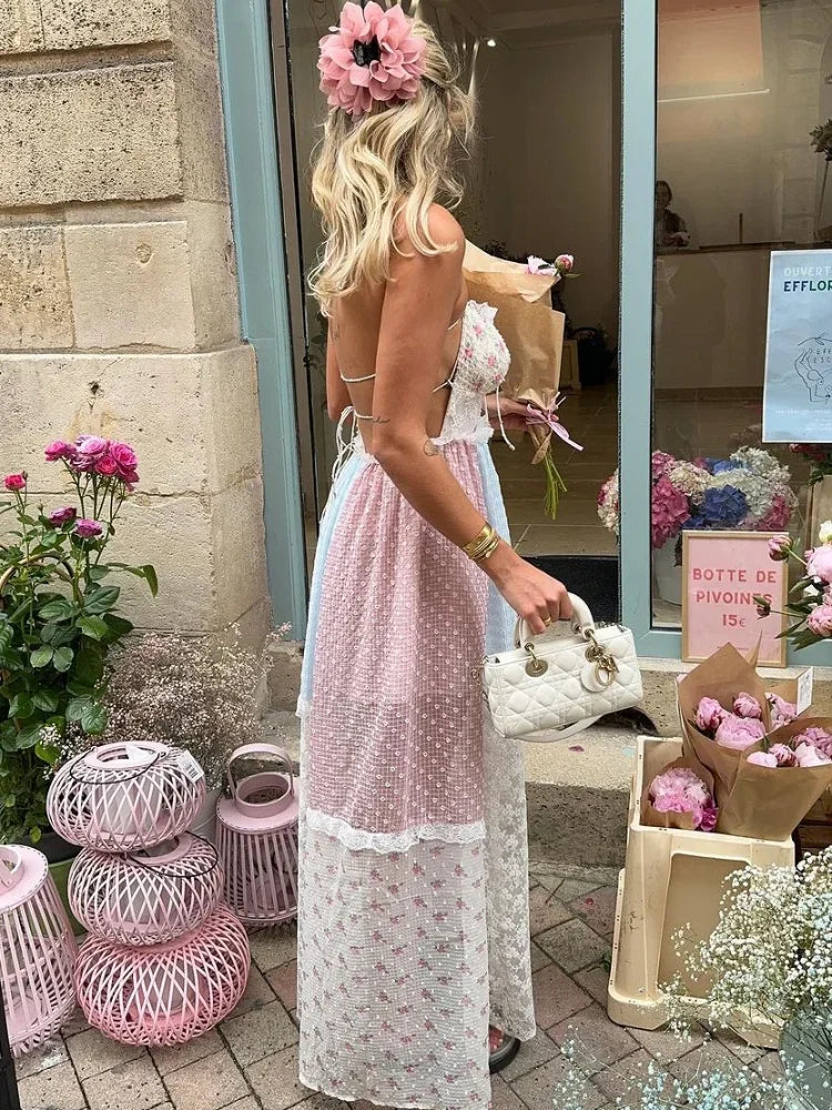 Aiertu  -  Elegant Print Perspective Lace Patchwork Long Dress Women Halter Backless Sleeveless Dresses Summer Lady Sweet High Street Robe Aiertu