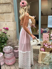 Aiertu  -  Elegant Print Perspective Lace Patchwork Long Dress Women Halter Backless Sleeveless Dresses Summer Lady Sweet High Street Robe Aiertu