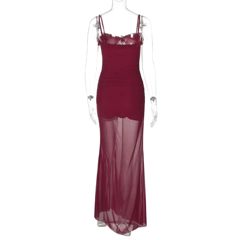 Aiertu  -  2025 Spring Hollow Out Ruffles Mesh Camisole Maxi Dress Women Sexy Strapless Spaghetti Straps Backless Ruched Party Long Robe Aiertu