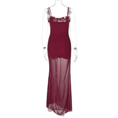 Aiertu  -  2025 Spring Hollow Out Ruffles Mesh Camisole Maxi Dress Women Sexy Strapless Spaghetti Straps Backless Ruched Party Long Robe Aiertu