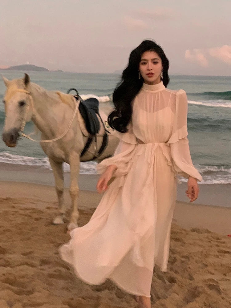 Aiertu Beach Style Chiffon Y2k Mini Dress Office Lady Casual Long Sleeve Elegant One Piece Dress Korean Fashion Clothing Summer Aiertu