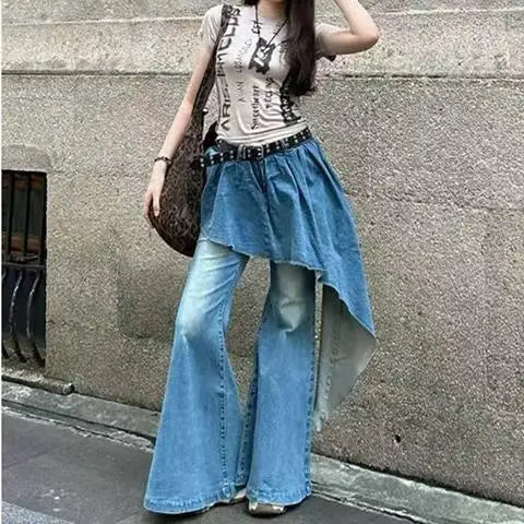 Aiertu  -  Y2K American Casual Washed Spliced Women's Jeans New Fashion Y2K High-waisted Jeans Hip-hop Slim Micro-flared Wide-leg Trousers Aiertu