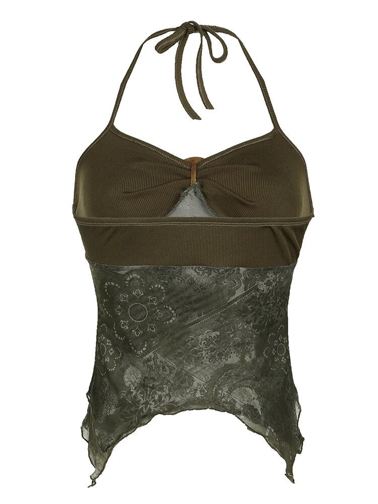Aiertu - summer inspo Hot Retro Forest Green Vintage Print Boho Y2K Camisole Backless Halter Tie Asymmetrical Tops Women Summer Vacation Clothing Aiertu