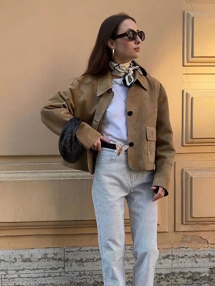 Aiertu  -  Autumn Chic Lapel Long Sleeve Cropped Coats Chic Single Breasted Solid Lady Leather Jacket Female High Street Outercoat Tops Aiertu
