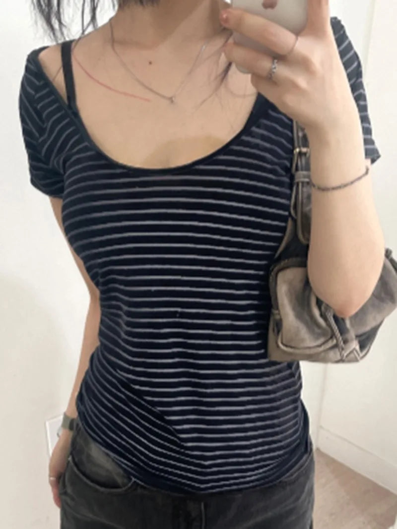 Aiertu  -  Striped T Shirts Woman Japanese 2000s Style Y2k Hooded Short Sleeve Summer Tops Shoujo Girl Aesthetic P67-BD18 Aiertu