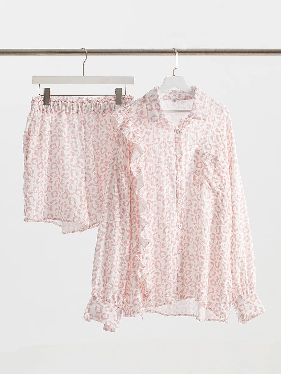 Aiertu  -   2026 New Heart Printed Short Set Women Long Sleeve Pocket Ruffle Cardigan+Short Pants Sets Spring Summer Casual Chic 2 Piece Set Aiertu