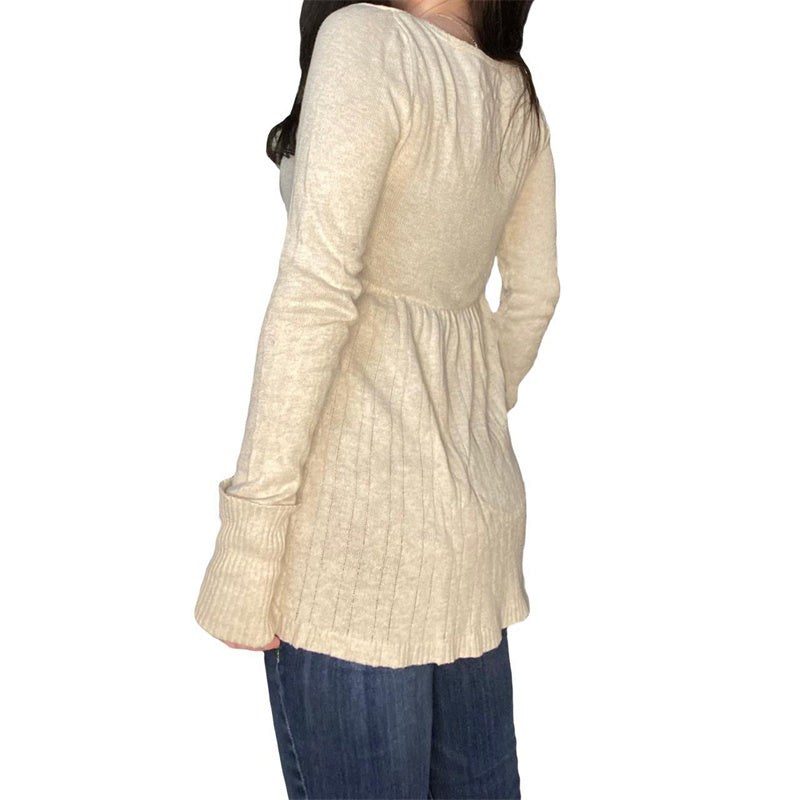 Aiertu  -  Women Vintage Solid Sweater Top Long Sleeve Button Front Knitted Babydoll Top 00S Retro Y2K Fairy Grunge Aesthetic Knitwear Aiertu