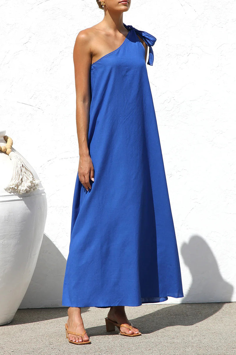 Aiertu  -Casual Solid Color Lace Up Sloping Shoulder Irregular Dresses aiertu