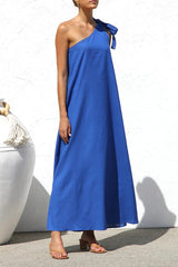 Aiertu  -Casual Solid Color Lace Up Sloping Shoulder Irregular Dresses aiertu