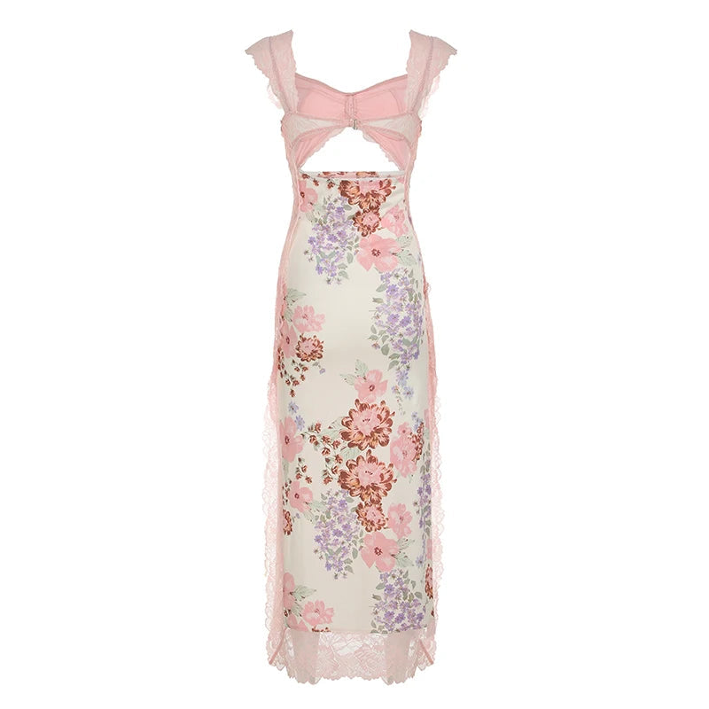 Aiertu  Flower Print Lace Trim Cut Out Camisole Dresses Sleeveless Spliced Skinny Side Split Sexy Elegant Frocks Aiertu
