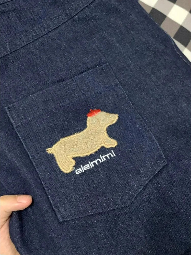 Aiertu  Y2k Aesthetic Streetwear High Waist Wide Leg Pants Women American Retro Kawaii Cuteore Cartoon Embroidery Jeans Aiertu