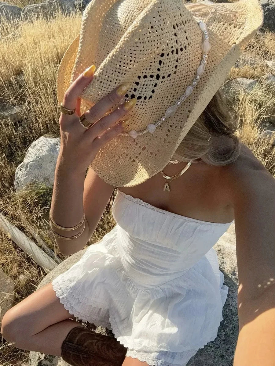 Aiertu  -  Lace Trim Patchwork White Dresses For Women New Strapless Sleeveless Tiered Mini Dress Summer Sweet Fashion Sexy A-line Vestidos Aiertu