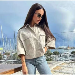 Aiertu  -  Fashion Lapel Spliced Coats Women Casual Single-breasted Pockets Short Sleeve Female Jacket Autumn Lady Solid Loose Outwear Aiertu