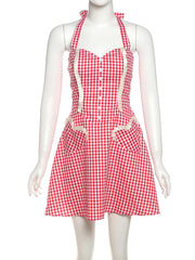 Aiertu  -  Puss Plaid Patchwork Mini Dress Women Lace-Up Halter Button Decorated Backless Vacation Street Sweet Style Fashion Outfits Aiertu