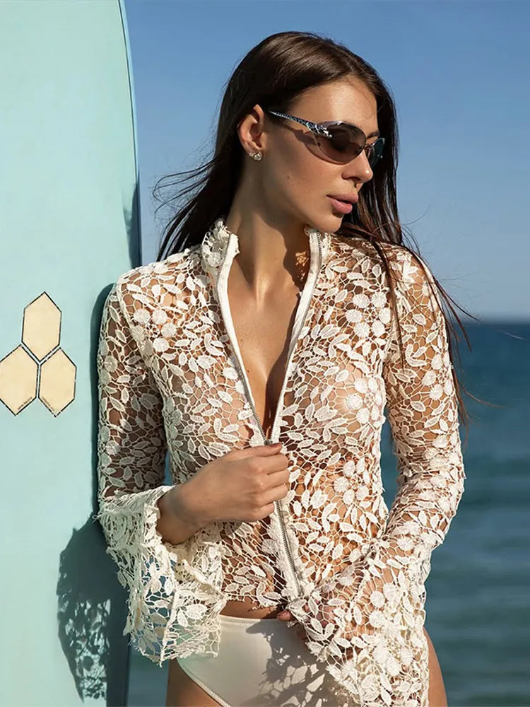 Aiertu  -  Lace Hollow Flared Sleeves Women's Top Stand Up Collar Zipper See Through Slim Shirt 2025 Summer Beach Holiday Female Blouse Aiertu