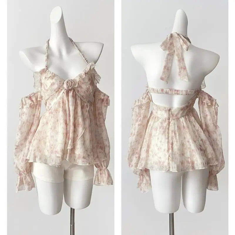 Aiertu  -  Summer French Style Floral Blouse Woman Chiffon Casual Sexy Tops Sweet Korean Fashion Ruffled Tops Spicy Girls Cyaru Aiertu