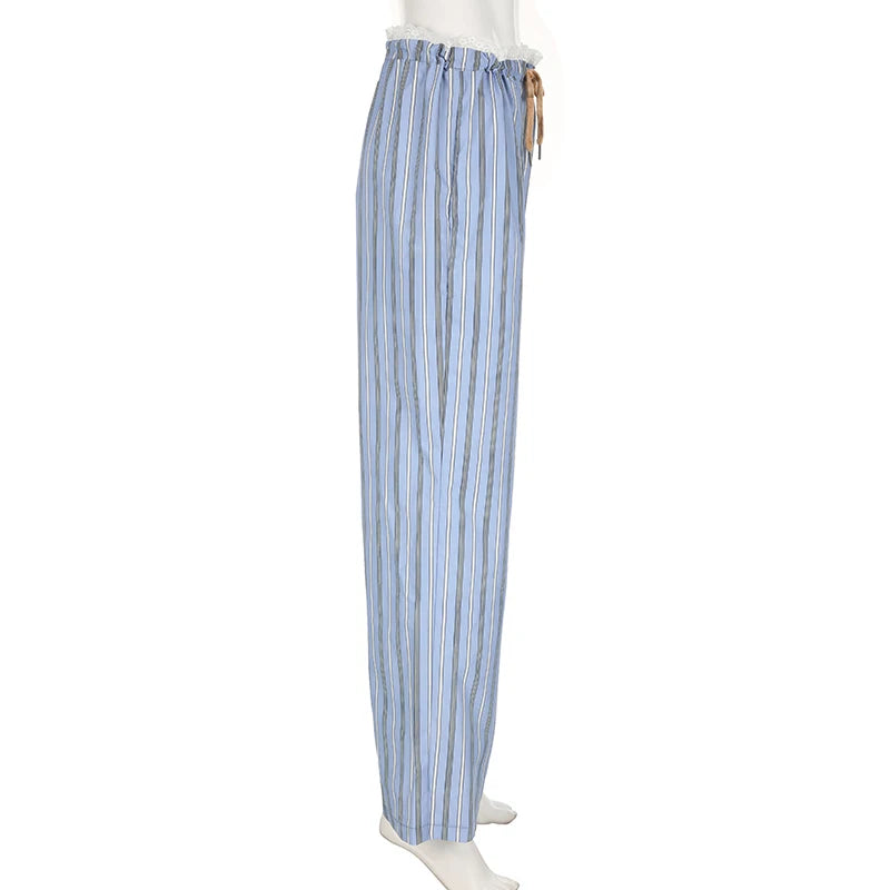 Aiertu  -  Sweet Stripe Lace Patchwork Women Pants Low Waist Drawstring Harajuku Korean Trousers Straight Leg Bottoms Basic New Aiertu