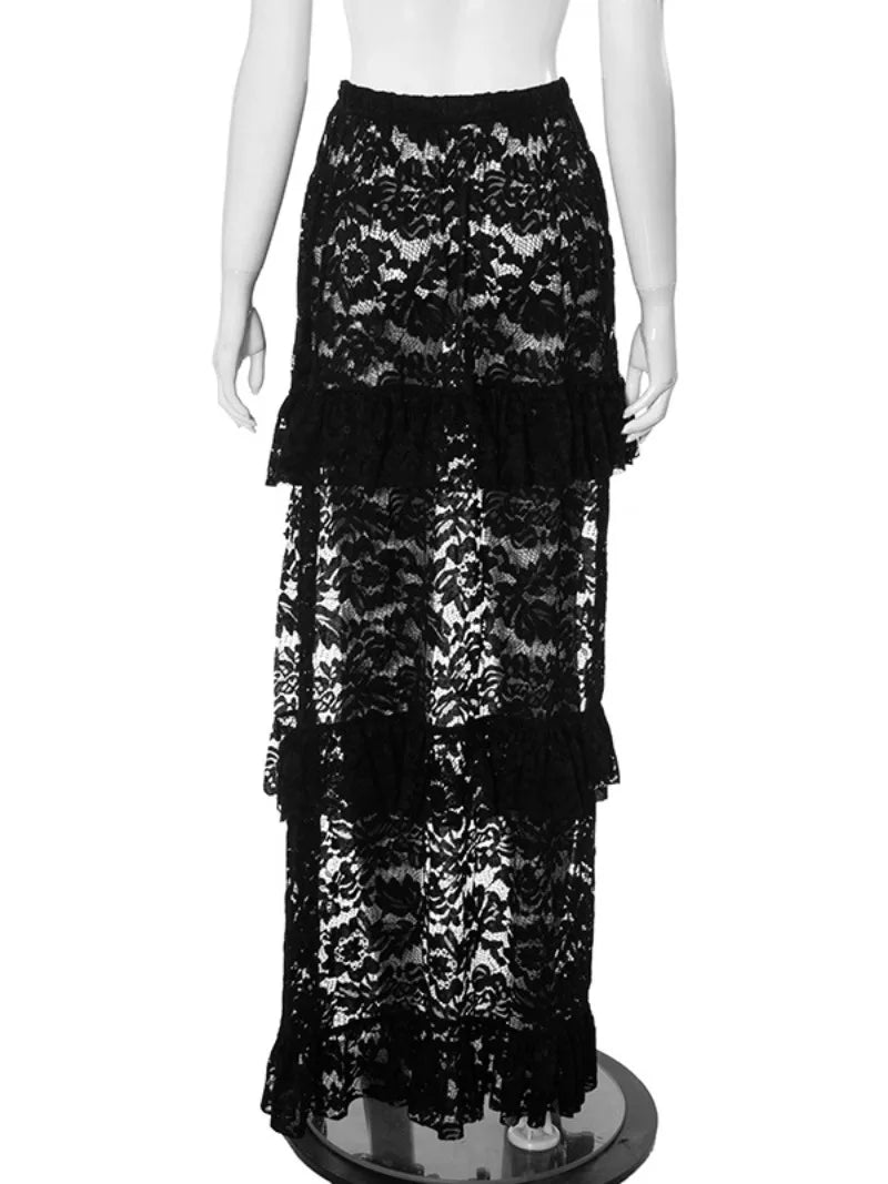Aiertu  -  Woman Clothing Sexy High Waist Long Skirts Fashion See-through Ruffles Skirt White Black Evening Party Dresses Y2K Streetwear Aiertu