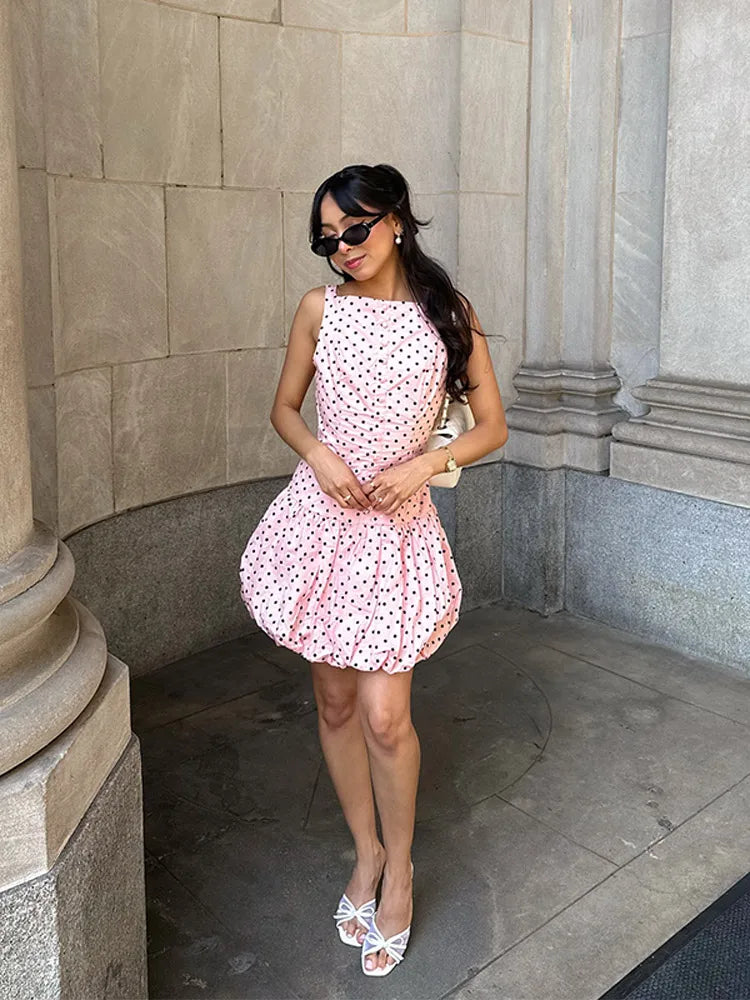 Aiertu  -  Women's Pink Polka Dot Summer Dress 2026 Fashion Puff Hem High Waist Gowns Chic Streetwear Lady Vestidos With Boat Neck Buttons Aiertu