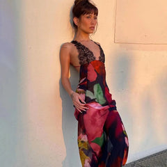 Aiertu  -  Spaghetti Strap Deep V Neck Lace Sleeveless Print Backless Maxi Hip Dress Spring Summer Y2K Street Trendsetter Vestidos Aiertu