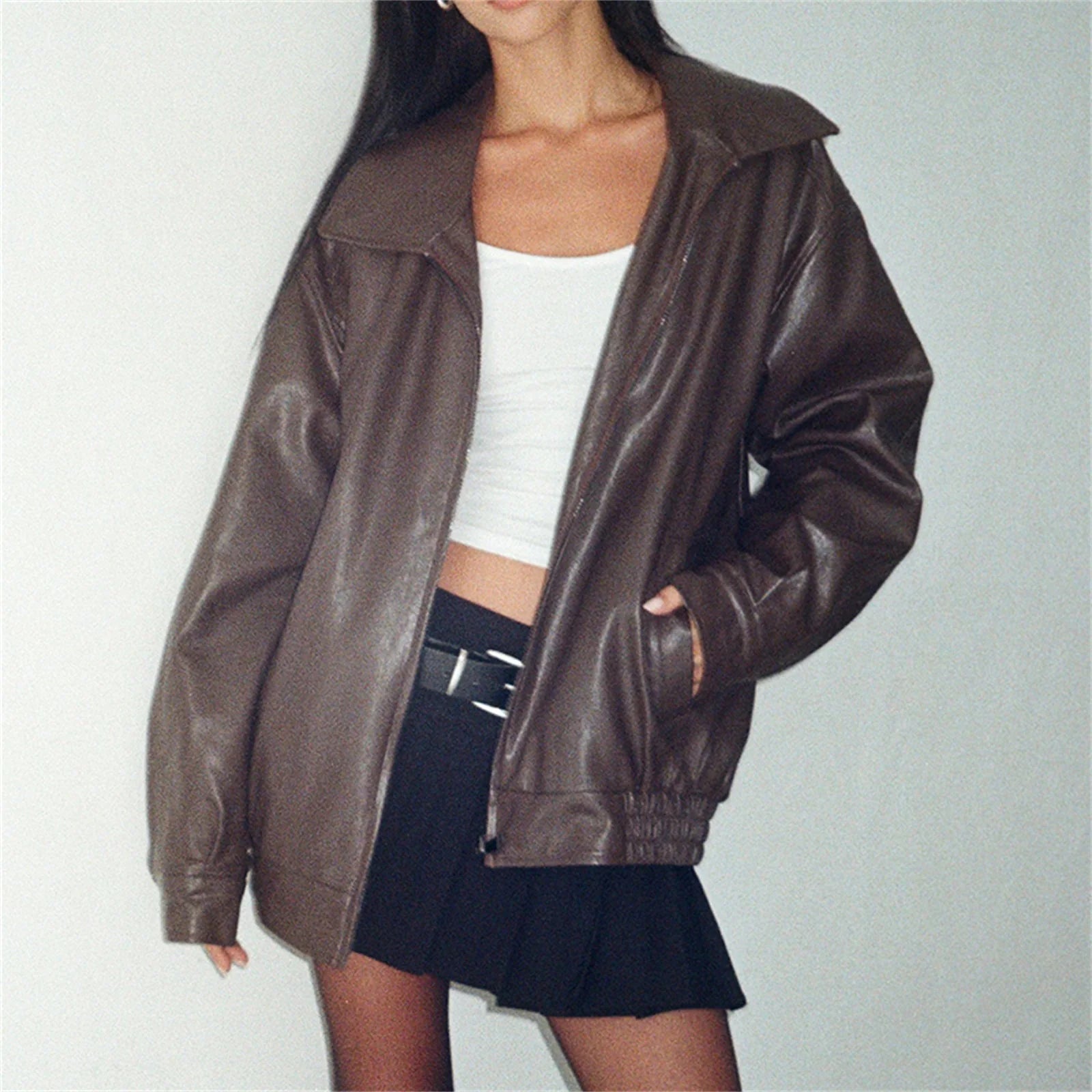 Aiertu  -  Womens Oversized Zip Up Leather Jackets Faux Motorcycle Bomber Coats Fall Fashion Outfits Winter Clothes Aiertu