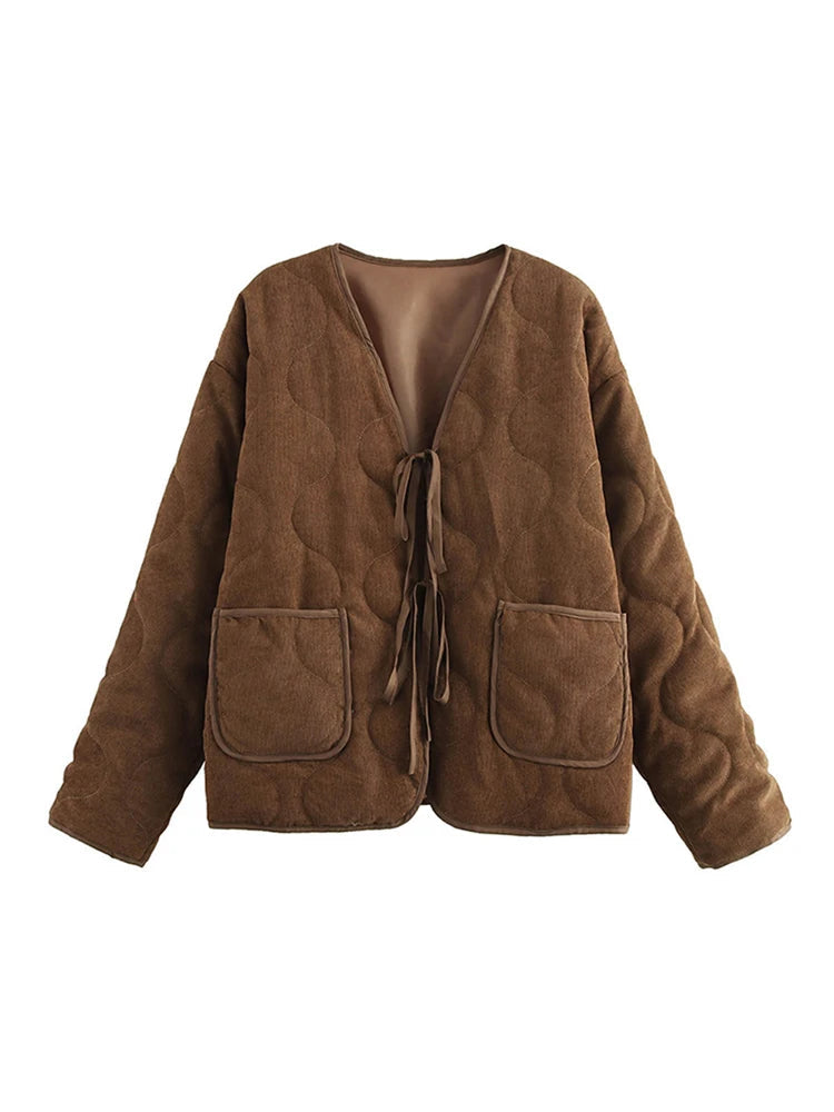 Aiertu  -  Vintage Cotton Jackets Women Casual Loose V Neck Lace Up Long Sleeves Coats Female 2024 Winter Hollow Out Solid Thick Outwears Aiertu