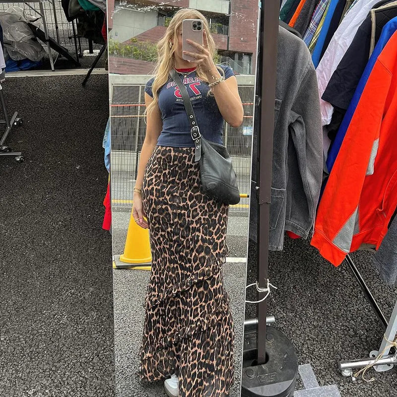Aiertu  -  Leopard Print Ruffled Long Skirts For Women Elastic High Waisted Patchwork Loose Female Summer Fashion Club Party Skirts Aiertu