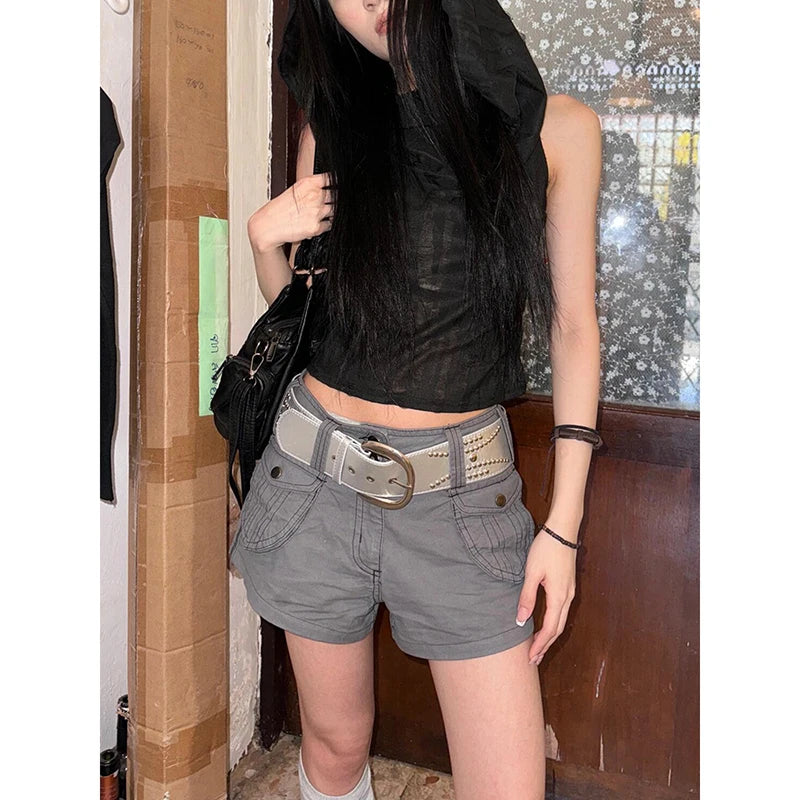 Aiertu  -  Women's Gray Shorts Cargo Pocket Y2K Sexy Harajuku Street 2000s Style Aesthetics Shorts Pants Vintage 2025 Summer Clothing Aiertu