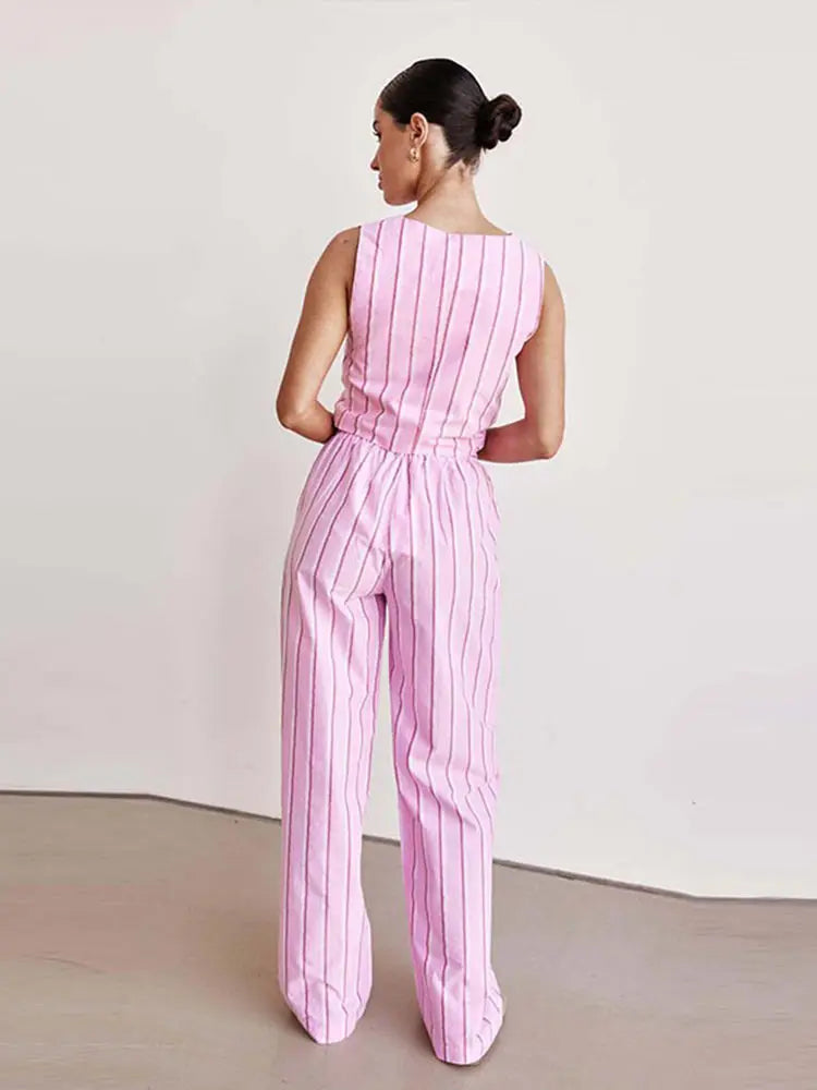 Aiertu  -  Fashion Striped Long Pants Set Lady V-neck Sleeveless Cross Lace Up Vest Top Loose Straight Trousers 2 Piece Sets Women Outfit Aiertu
