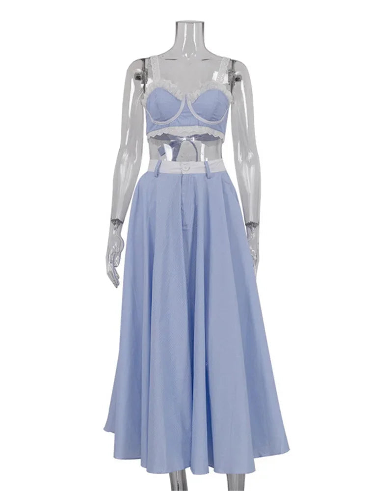 Aiertu  -  Lace Patchwork 2 Piece-Set Long Skirt For Women Contrast Slim Backless Cropped Tank Top And High Waist Maxi Skirt Outfits Aiertu