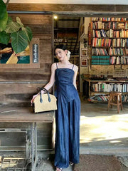 Aiertu  -  Casual Sexy Suit Women's Spring Summer Pleated Strap Vest High Waist Wide Leg Jeans Two-piece Set Fashion Female Clothes Aiertu