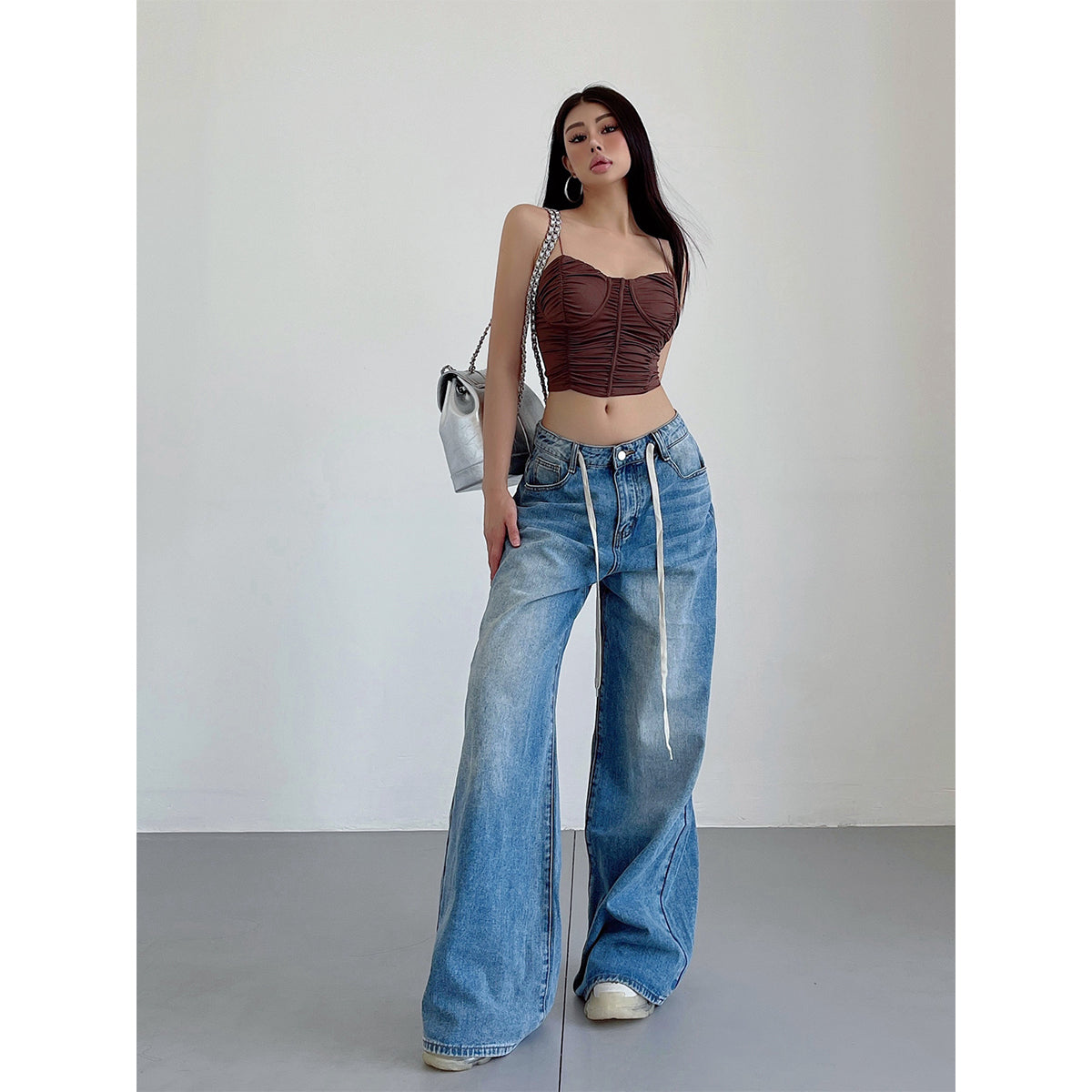Aiertu Denim Blue Washed Low Rise Straight Leg Jeans Pants Aiertu
