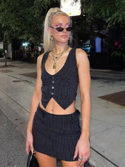 Aiertu  -  Women Two Piece Sets Vintage Crop Top with A-Line Mini Skirts Vintage Y2k Black Gothic Striped Skirt Sets 2000s Fashion Clothes Aiertu