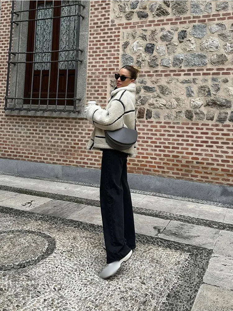 Aiertu  -  Women Plush Zipper Jacket Solid Patchwork Long Sleeve Lapel Motorcycle Coat Casual Autumn Winter Female Street Warm Outerwear Aiertu