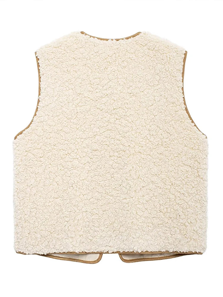 Aiertu  -  Fleece Vest Women Casual Loose Round Neck Lace Up Hollow Out Sleeveless Coats Female Autumn Winter Fashion Solid Vests Lady Aiertu