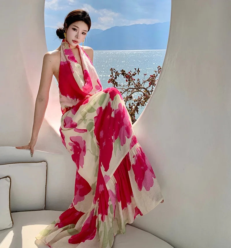 Aiertu  -  Rose Red Halter Neck Backless Long Dress for Women's Summer Seaside Vacation Style Colorful Printed A-line Dress Female Clothes Aiertu