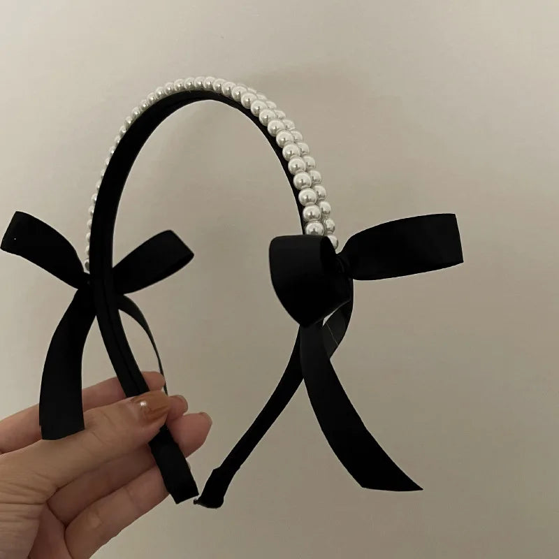 Aiertu Vintage French Pearls Bow Hair Band for Women Girls Autumn Winter Korean Elegant Black Classic Hair hoop Hair Jewelry Aiertu
