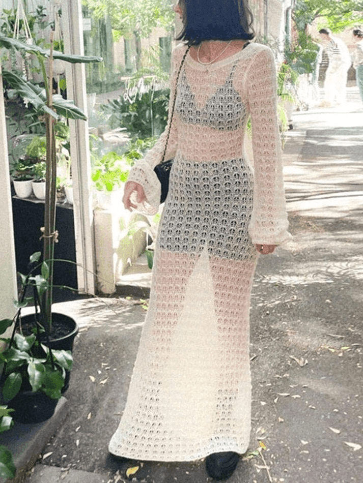 Aiertu  -  Crochet Hollow Backless Long Sleeve Cover Up Maxi Dress Aiertu