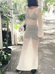 Aiertu  -  Crochet Hollow Backless Long Sleeve Cover Up Maxi Dress Aiertu