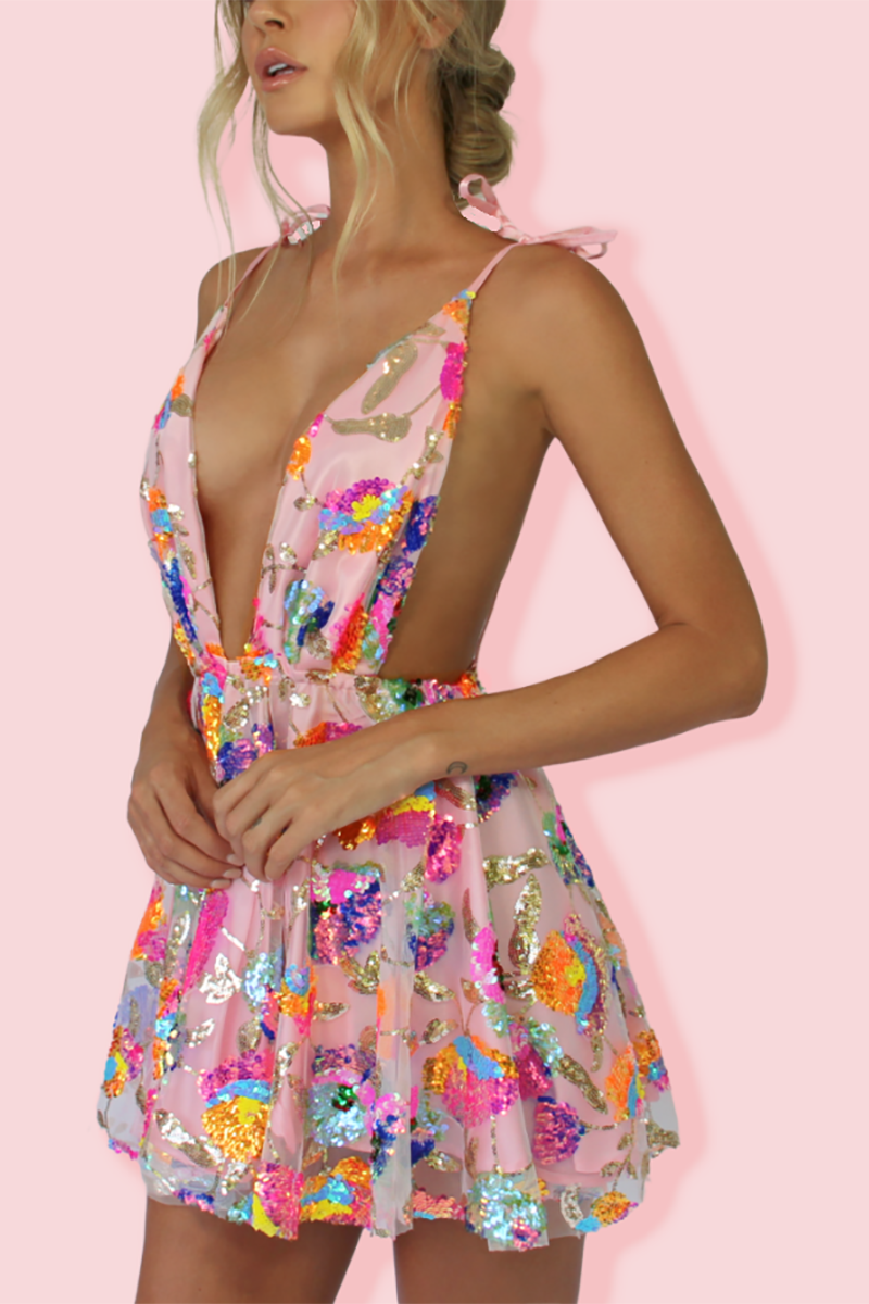 Aiertu  Rainbow Sequin Open Back Slip Mini Dress Aiertu