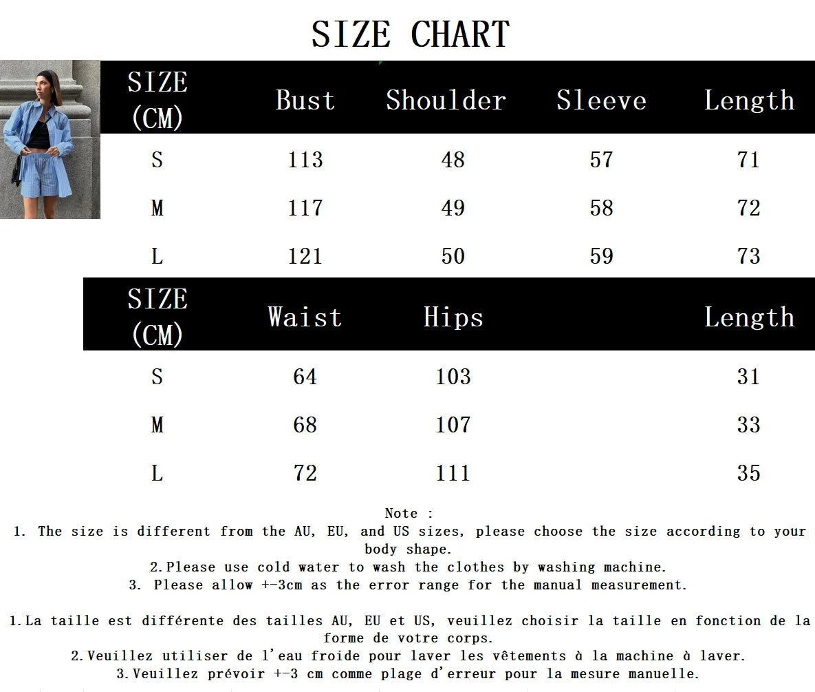 Aiertu  -  Blue Pocket Striped Shorts Sets Women Single Breasted Long Sleeve Blouse+Elastic Waist Casual Short Pant 2 Piece Set 2025 Spring Aiertu