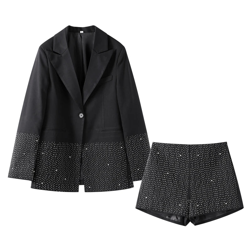 Aiertu  -  Rhinestone Blazer Shorts Sets Women 2 Pieces Elegant Black Lapel Full Sleeves Coat Sequin Short Pant Suit Ladies Commute Outfits Aiertu