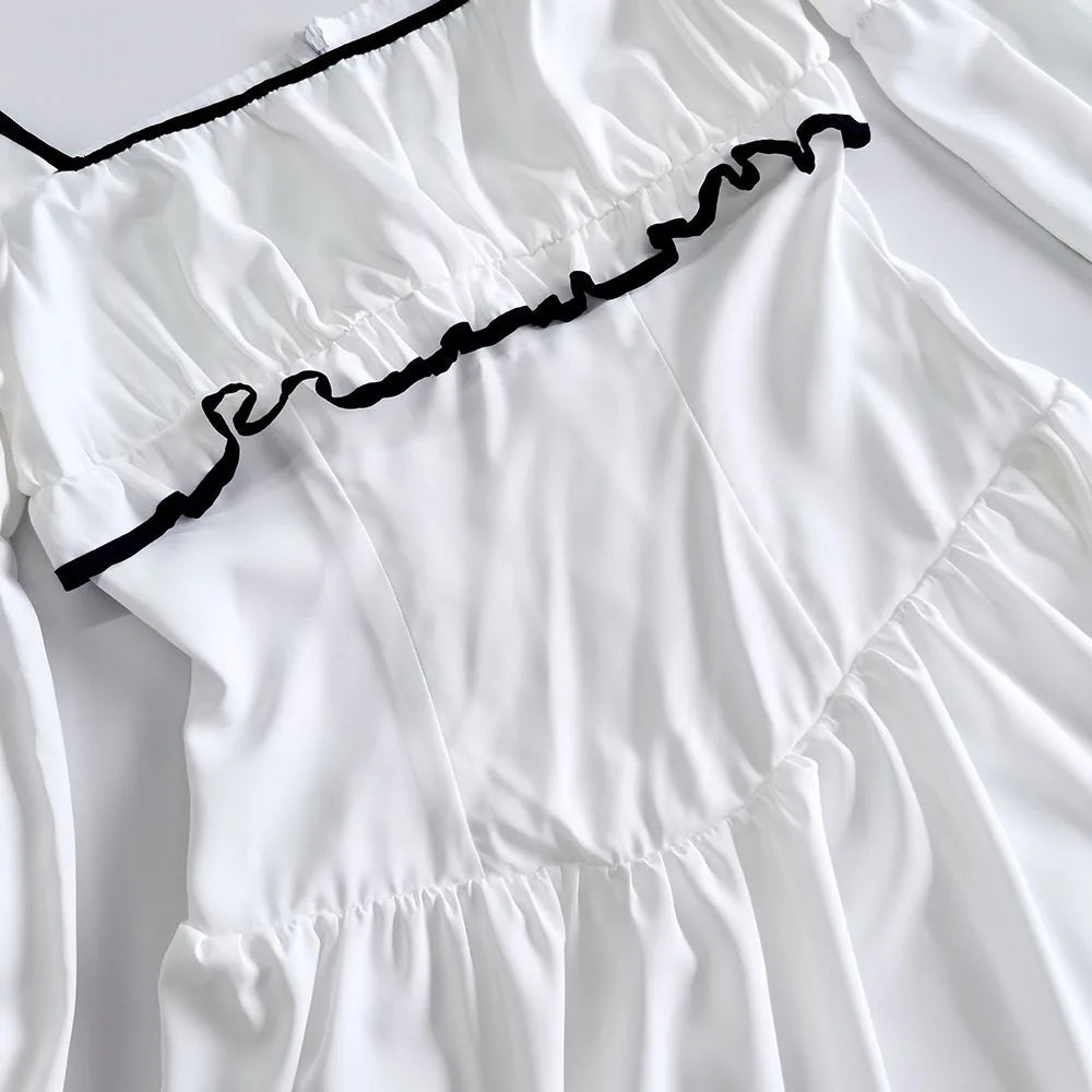 Aiertu  -  White Elegant A-line Mini Dress Women 2025 New Spring Square Collar Long Sleeve Vestidos High Waist Casual Fashion Short Dresses Aiertu