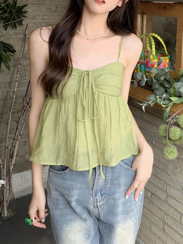 Aiertu  -  Women's Bow Tie Chiffon Suspender Vest Summer New Korean Version Sweet Loose Fitting Women Fashionable Off Shoulder Short Top Aiertu