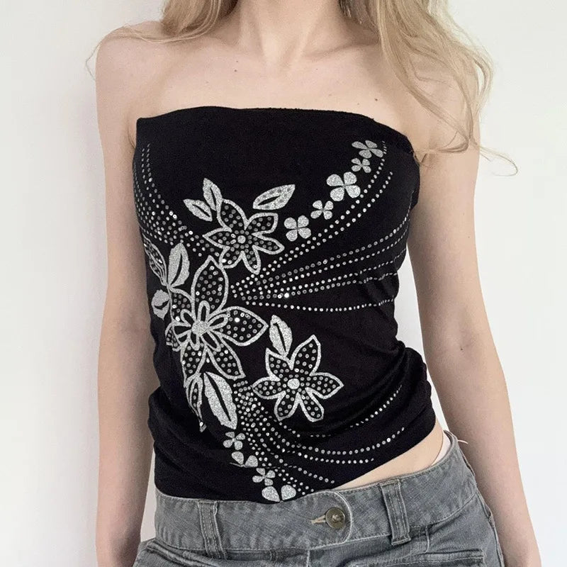 Aiertu  -  Dark wind Y2K babes plant floral print tube top summer slim sexy black backing vest women Aiertu