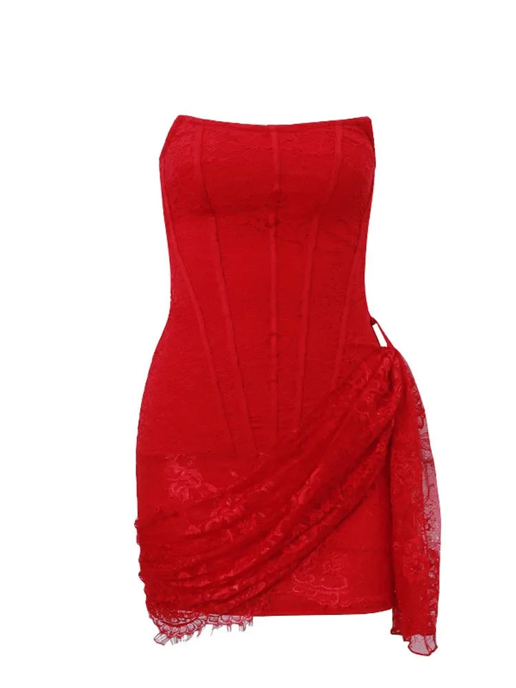 Aiertu  -  Women Lace Half See Through Irregular Pleated Mini Dress Sexy Strapless Backless Wrap Waist Short Robe Female Night Club Vestido Aiertu